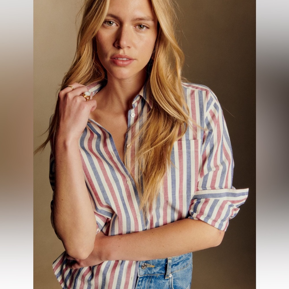 Sezane Max Shirt Blue Ecru Burgundy Stripes - Size 4